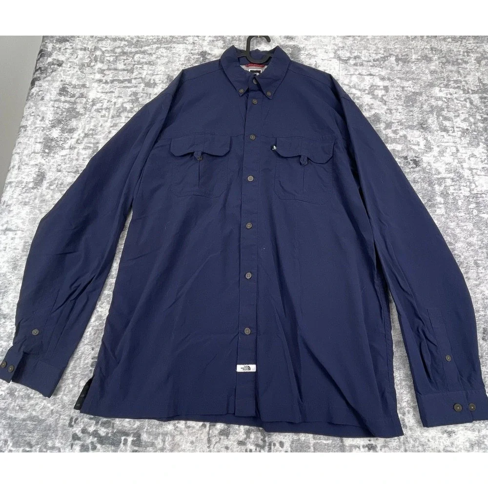 The North‎ Face Mens XL Button Up Shirt Solid Navy Blue Gorpcore Hiking Utility